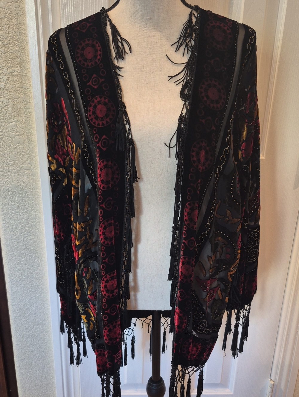 Velvet Fringe & Beaded Open-Front Cardigan with Red, Gold & Black Accents sz MED